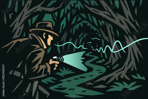Detective investigating crime scene in dark forest, searching for clues with flashlight at night, solving mystery