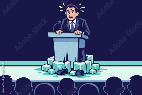Speaker suffering from intense stage fright, frozen in a block of ice at a public speaking event for an audience
