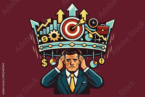 Businessman under a heavy crown of business icons, depicting stress, anxiety, and the immense pressure of leadership and success
