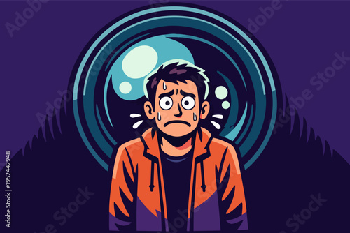 Stressed man feeling observed and facing pressure from a big camera lens, representing control, privacy concerns and paranoia