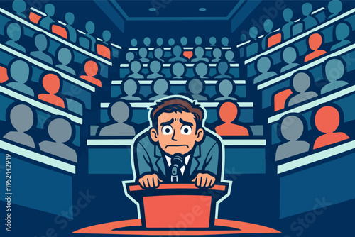 Man standing at a podium feeling nervous and anxious while giving a presentation to a large audience in an auditorium