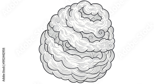 Stylized Swirling Cloud Illustration, Ink Drawing, Abstract Sky Element