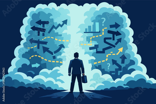 Businessman standing before a cloudy choice, considering challenges, opportunities, possibilities, and future direction