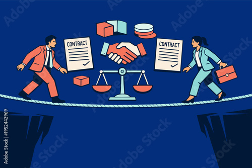 Business partners balancing risk and reward, walking on a tightrope, negotiating contract terms for an agreement