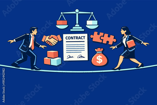 Business partners carefully balancing risks and rewards during negotiations, striving for a fair agreement and successful venture