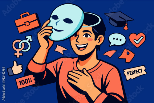 Person removing a mask, showing true identity and authentic self, expressing vulnerability and mental health concepts