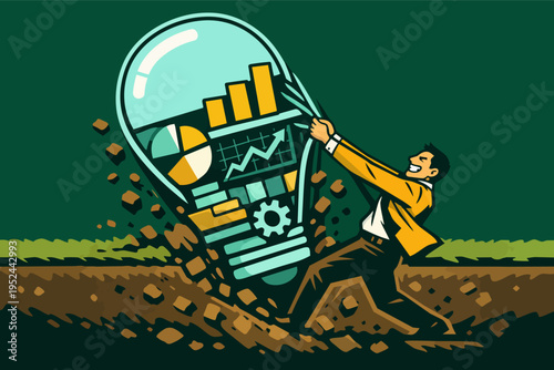 Businessman pulling giant lightbulb with data charts from ground, representing innovation, idea development, and business growth