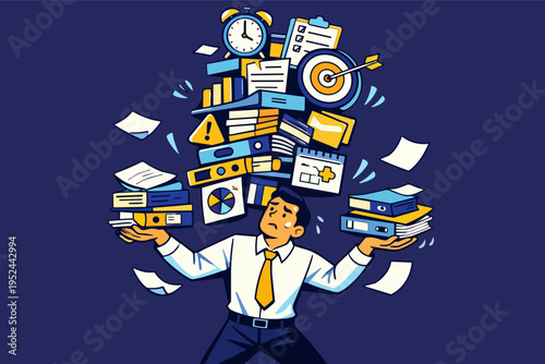 Businessman juggling overwhelming workload and multiple tasks, experiencing stress, pressure, and burnout from deadlines