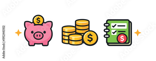 Illustration of piggy bank savings, stacked coins, and budgeting checklist notebook icons showing personal finance, money management, and expense tracking