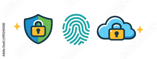 Cybersecurity icons showing protected shield, biometric fingerprint authentication, and secure cloud storage with padlocks on a clean white background