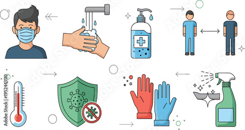 Coronavirus Prevention and Safety Measures Vector Illustration Featuring Face Mask, Hand Washing, Sanitizer, Social Distancing, Gloves, Disinfection Spray, and Health Protection Icons.