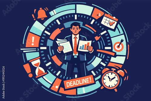 Businessman feeling pressure and stress with multiple tasks and impending deadline around a clock