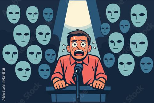 Man feeling public speaking anxiety, experiencing stage fright with judging audience masks in spotlight