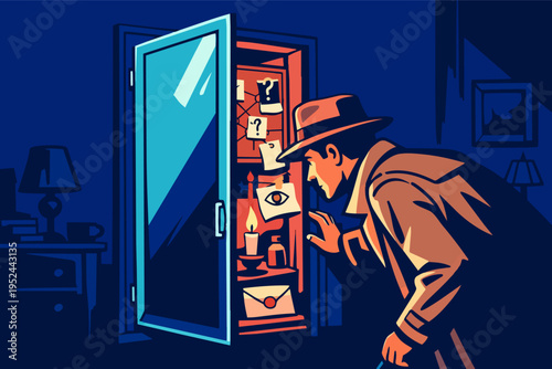 Detective investigating secret symbols, clues, and evidence in a hidden safe, finding answers in a mystery cabinet