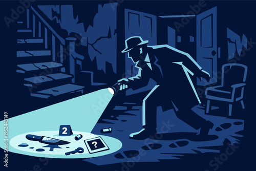 Detective investigating crime scene finding evidence in dark room with flashlight, solving mystery