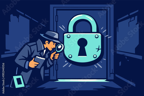 Detective investigating locked door with magnifying glass, solving security mysteries and finding secrets