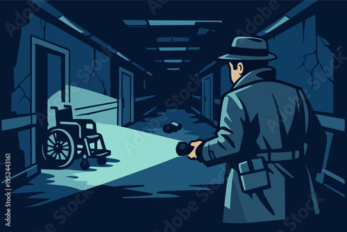 Detective investigating crime scene in abandoned hospital corridor with flashlight, finding old wheelchair and a dark mystery