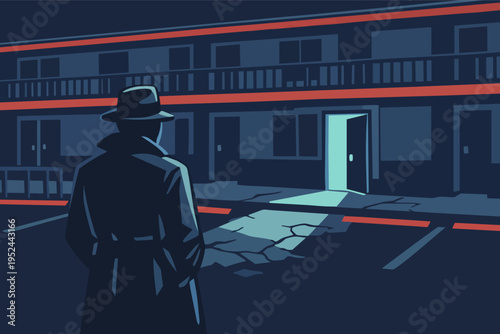 Detective standing in dark motel parking lot, investigating mysterious open door at night, crime scene concept