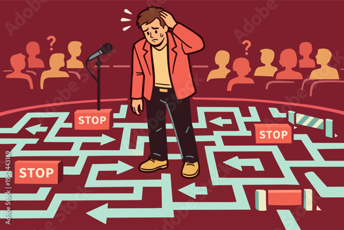 Confused speaker struggling with performance anxiety on stage, navigating a maze of arrows and stop signs in front of an audience