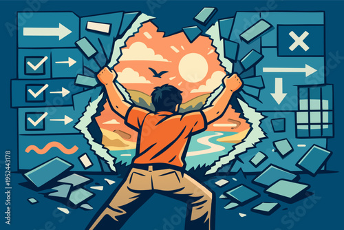 Person breaking wall, revealing a new horizon with sun and nature, escaping limitations and finding freedom