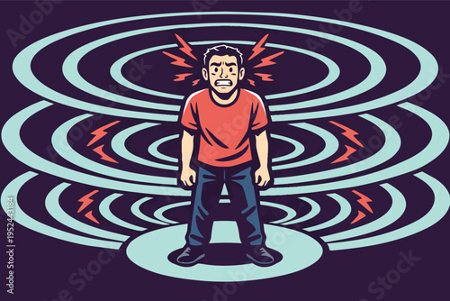 Young man standing, showing severe anxiety, panic, and stress with sound waves and lightning bolts symbolizing pressure
