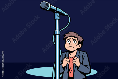 Young man experiencing stage fright before public speaking, nervous performer feeling anxiety under the spotlight