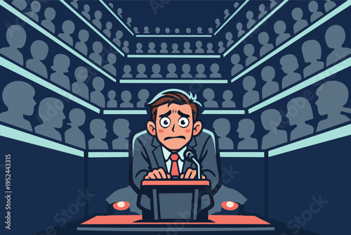 Man experiencing stage fright during a public speaking event, feeling anxious presenting to a large audience