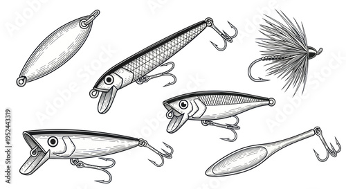 Fishing Lures Collection: Wobblers, Spinners, and Flies - Vintage Illustration