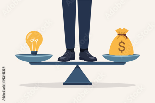 Business person balancing creative ideas with financial investment on scales, finding value in innovation and funding
