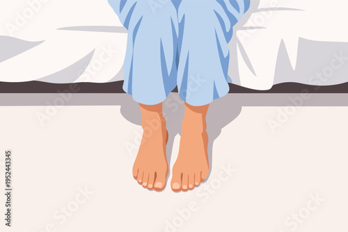 Person waking up, sitting on bed edge in pajamas, feet touching bedroom floor, starting new day