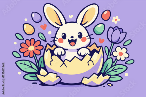 Happy easter bunny emerging from a broken eggshell surrounded by spring flowers, colorful eggs, and hearts