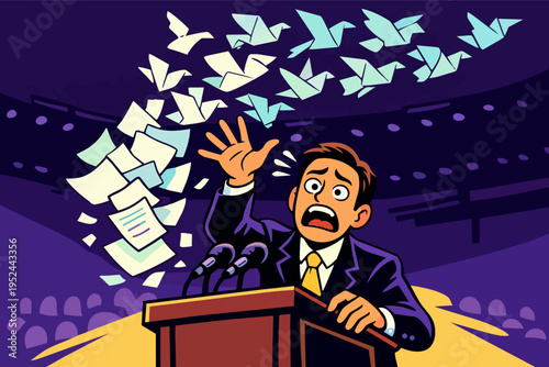 Politician panicking on stage with speech papers turning into flying origami doves, public speaking stress, losing control concept