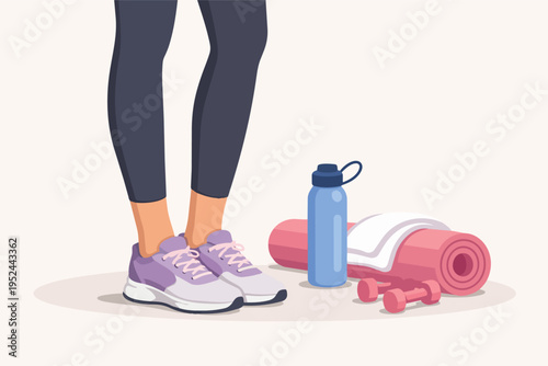 Woman's legs in athletic leggings and sneakers, standing next to a yoga mat, water bottle, and dumbbells