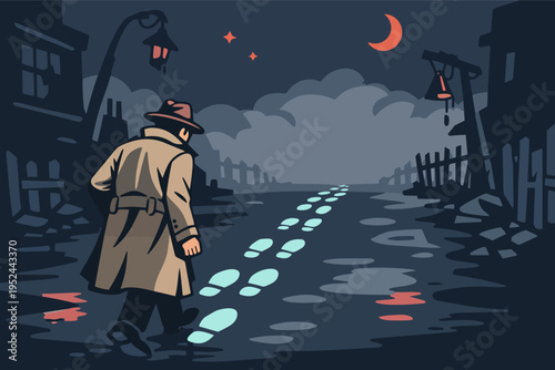 Detective following glowing footprints on a dark, mysterious street at night, navigating a complex investigation