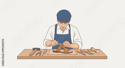 Skilled artisan meticulously crafting footwear with precision tools.