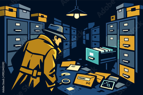 Detective examining important evidence in a dark archive room, searching through old files and documents under a single lamp