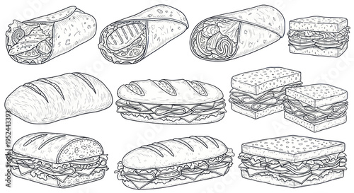 Hand-drawn collection of various sandwiches, wraps, and bread loaves