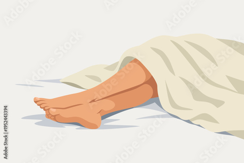 Woman legs sleeping in bed under a blanket, relaxing and resting during morning with comfort and wellness