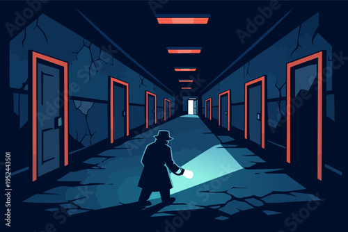 Detective exploring spooky abandoned corridor with flashlight, investigating mystery in dark atmospheric hallway