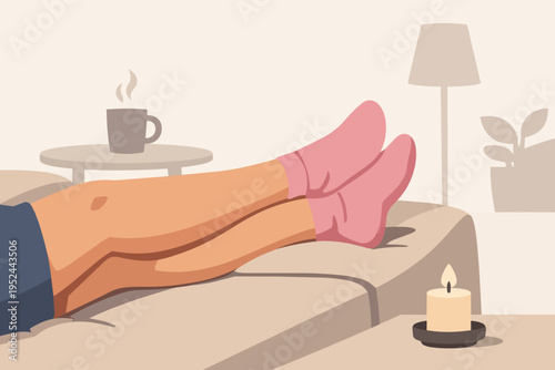 Woman relaxing on sofa wearing pink socks, enjoying hot drink and candle for cozy winter comfort and self-care