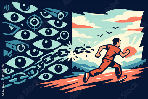 Man breaking chain and escaping surveillance, running towards freedom and new opportunities