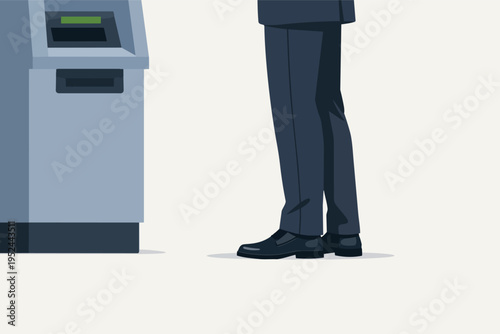 Man in formal attire using an automated teller machine for a banking operation, accessing personal finance