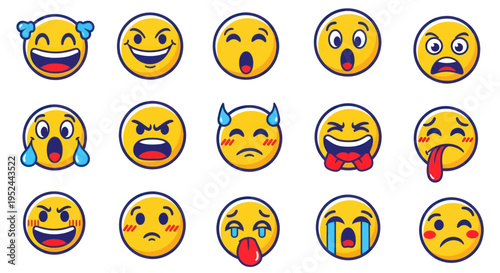 Set of cartoon emoji faces expressing various emotions, isolated on white background