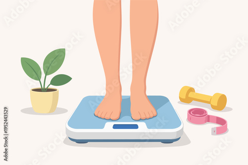 Person standing on weighing scale, measuring weight for diet, fitness, and healthy lifestyle monitoring
