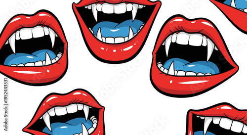 Seamless pattern of red vampire lips with fangs and blue tongue, pop art style