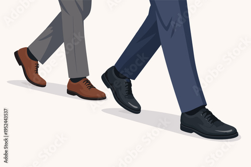 Businessmen legs walking forward, following leader, showing professional teamwork and career progression steps