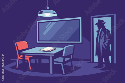 Detective entering a dark interrogation room for a crime investigation, suspenseful atmosphere