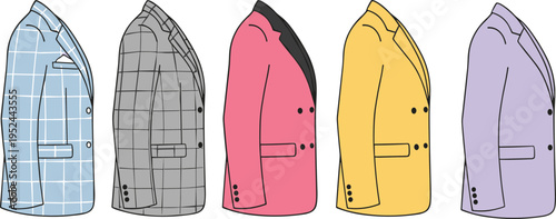 Vector illustration of stylish men’s suit jackets in multiple colors and patterns, modern fashion design for clothing and retail