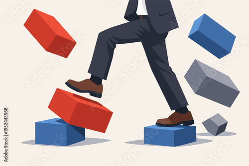 Businessman stepping on unstable blocks, navigating challenges and risks while building career growth and progress