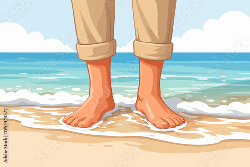 Barefoot person standing in sand with ocean waves washing over feet, enjoying a summer beach vacation